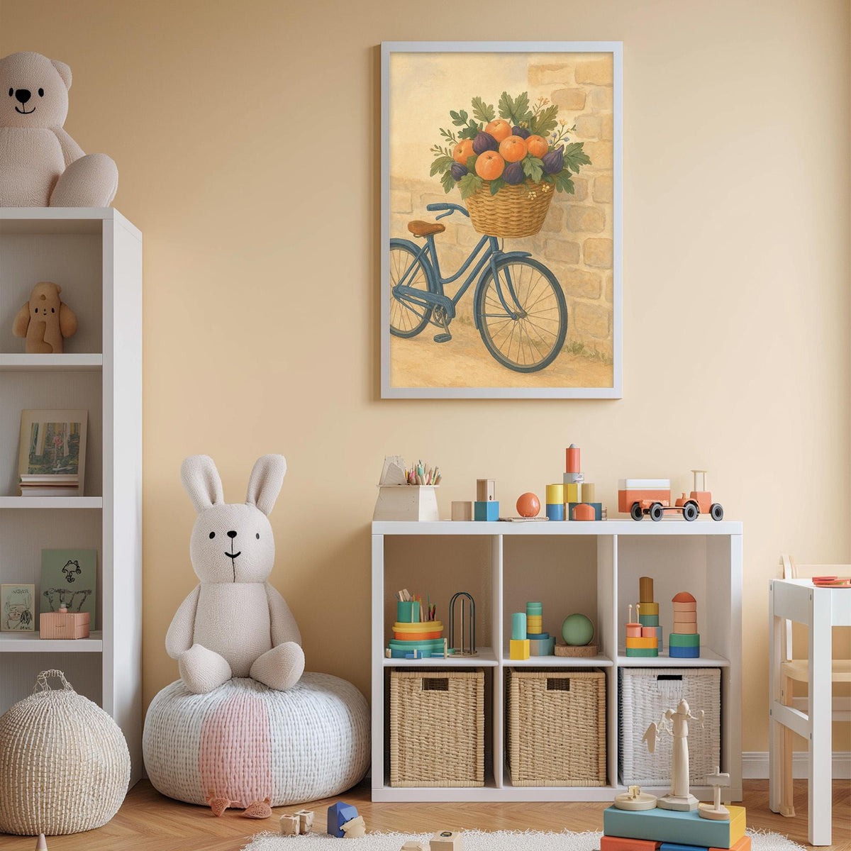 A cozy children's room with a bicycle, stuffed animals, and a bookshelf filled with toys and books. A framed painting of a bicycle with a basket of fruit is hanging on the wall above the bookshelf.
