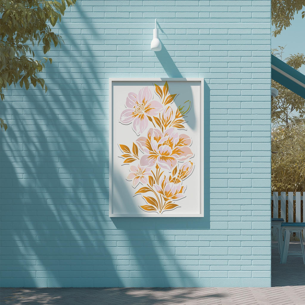 a blue brick wall with a framed artwork of pink and yellow flowers hanging on it.