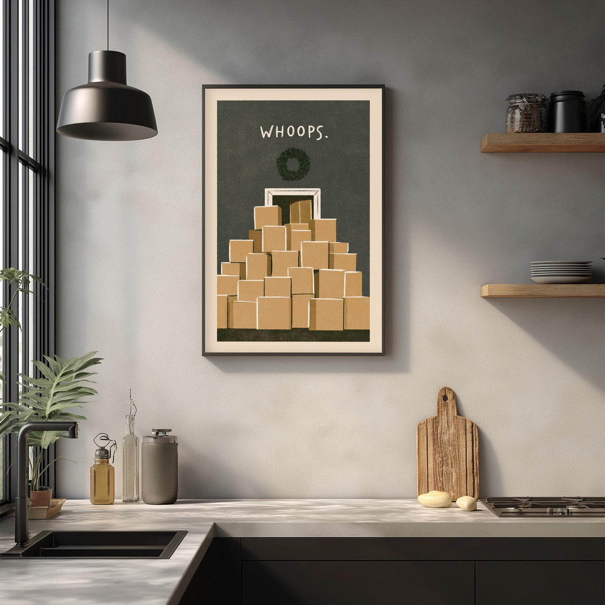 a kitchen counter with various items such as a cutting board, a soap dispenser, and a plant. Above the counter, there is a framed poster with the text "WHOOPS" and an illustration of a pile of boxes.