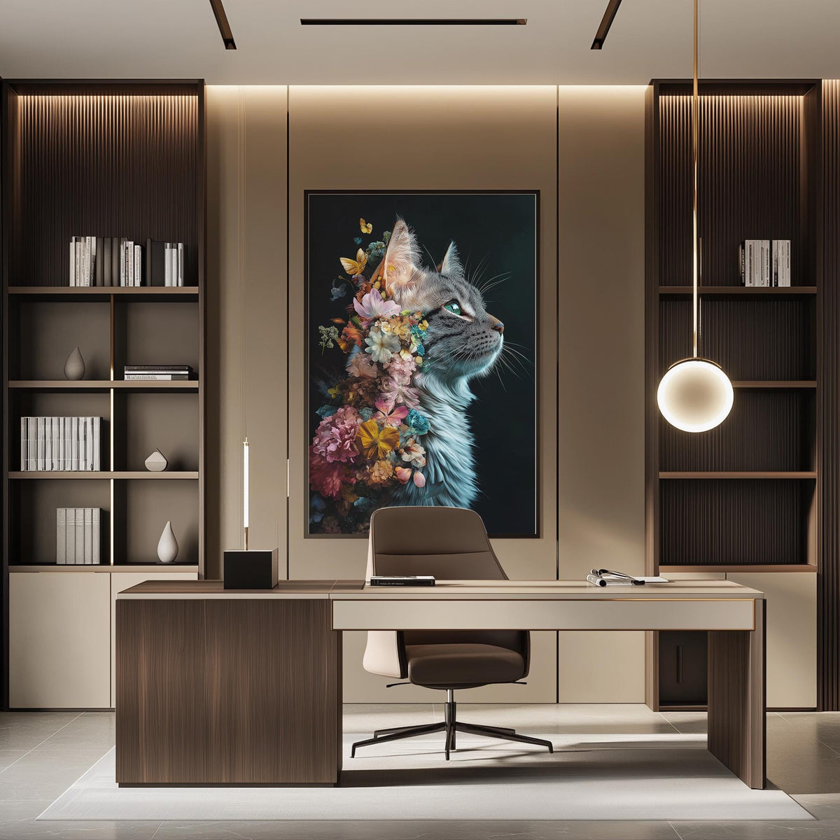 a modern office space with a large framed artwork of a cat's face on the wall, a wooden desk with a chair, and a bookshelf filled with books.