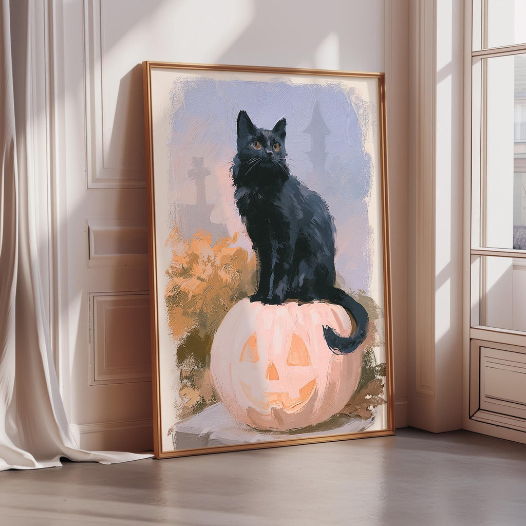 A framed painting of a black cat sitting on a carved pumpkin, with a castle in the background.