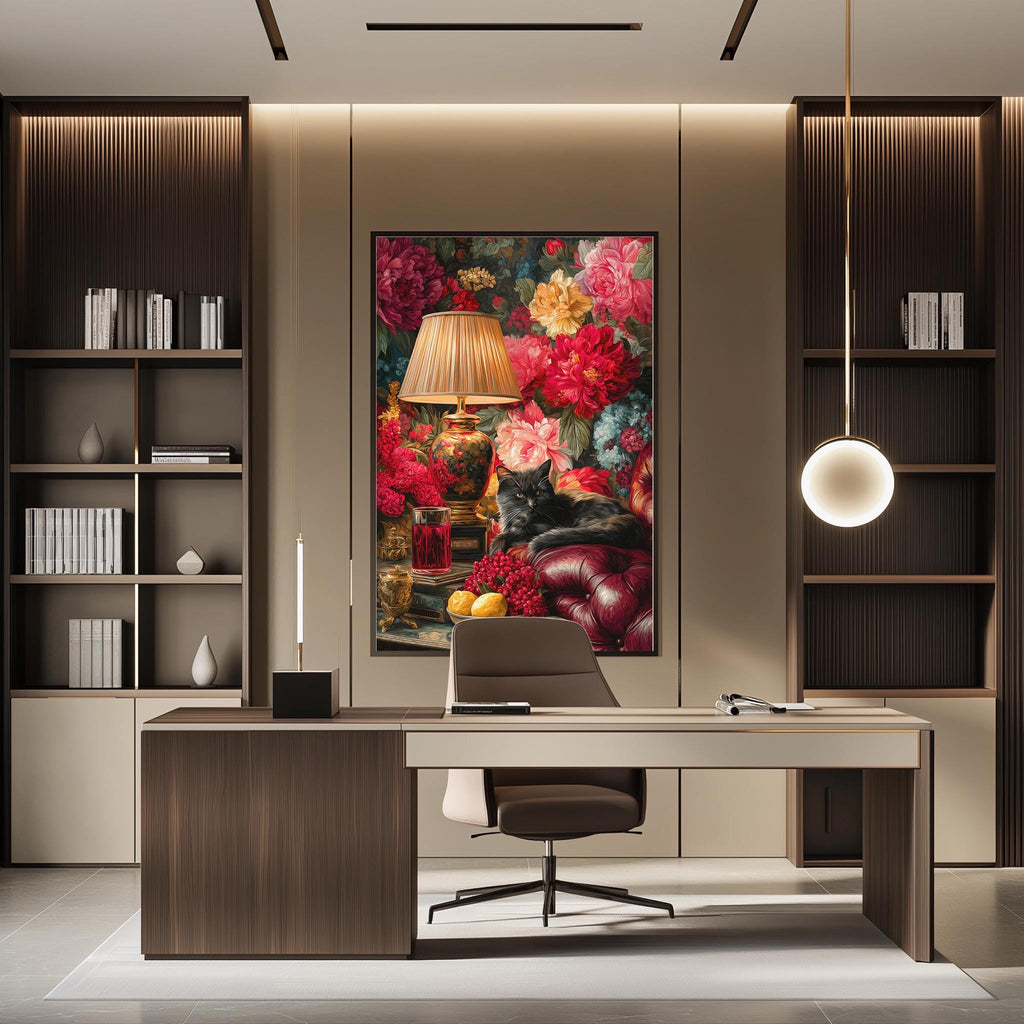 a modern and stylish home office with a large floral painting on the wall, a wooden desk, a comfortable chair, and a lamp providing warm lighting.