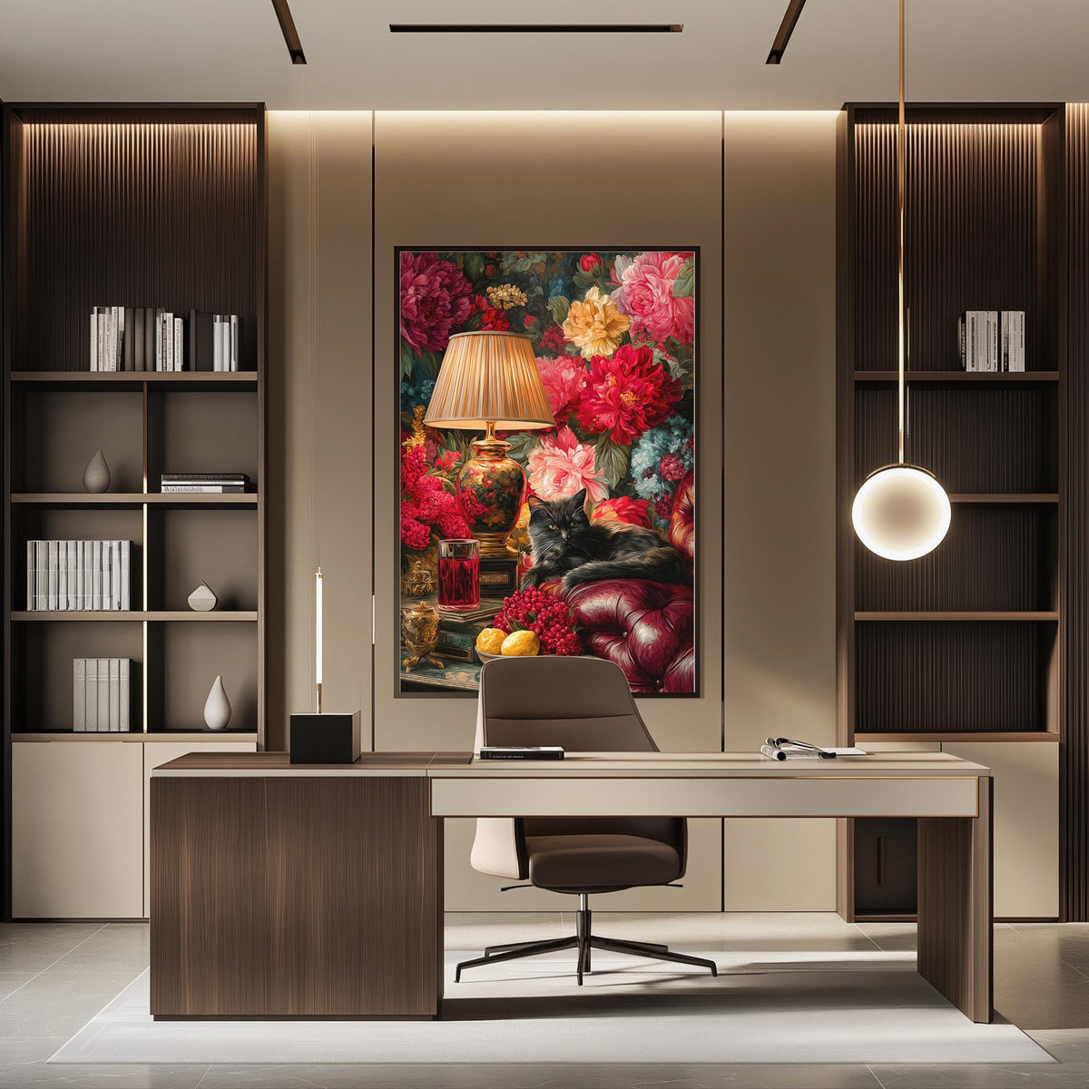 a modern and stylish home office with a large floral painting on the wall, a wooden desk, a comfortable chair, and a lamp providing warm lighting.
