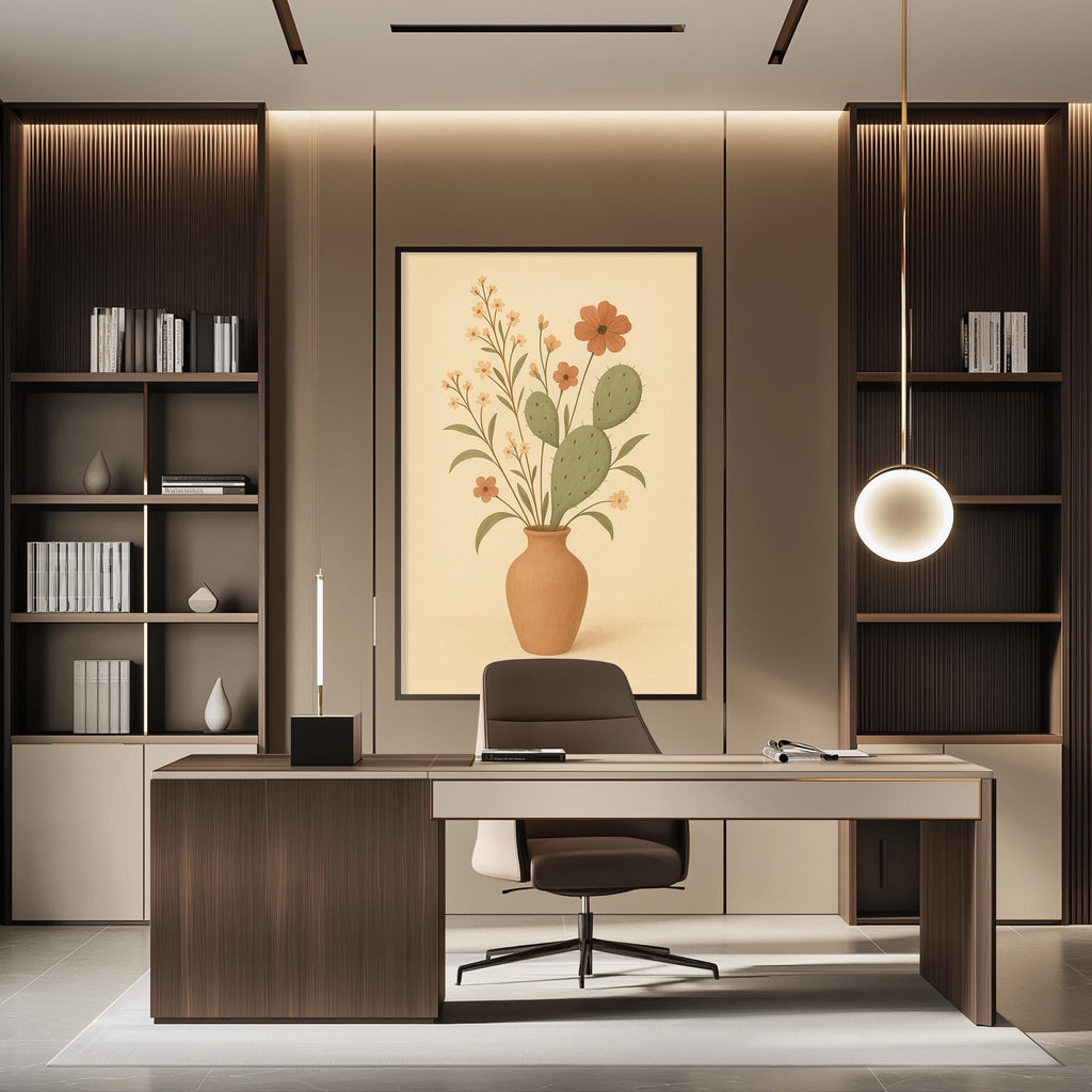 a modern and minimalist office space with a large wooden desk, a comfortable chair, and a framed artwork featuring a vase with flowers on the wall.