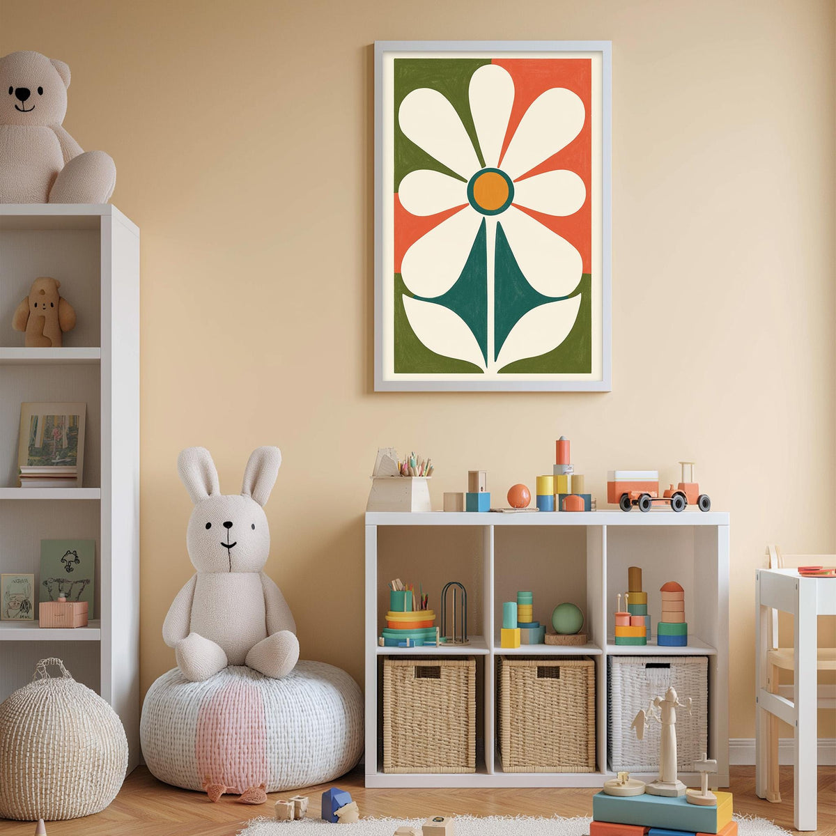 A cozy and colorful children's bedroom with a large flower-shaped poster on the wall, a white bookshelf filled with toys, and a plush rabbit sitting on a bean bag chair.