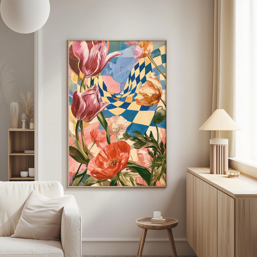 a large, colorful painting of flowers hanging on a wall in a living room.