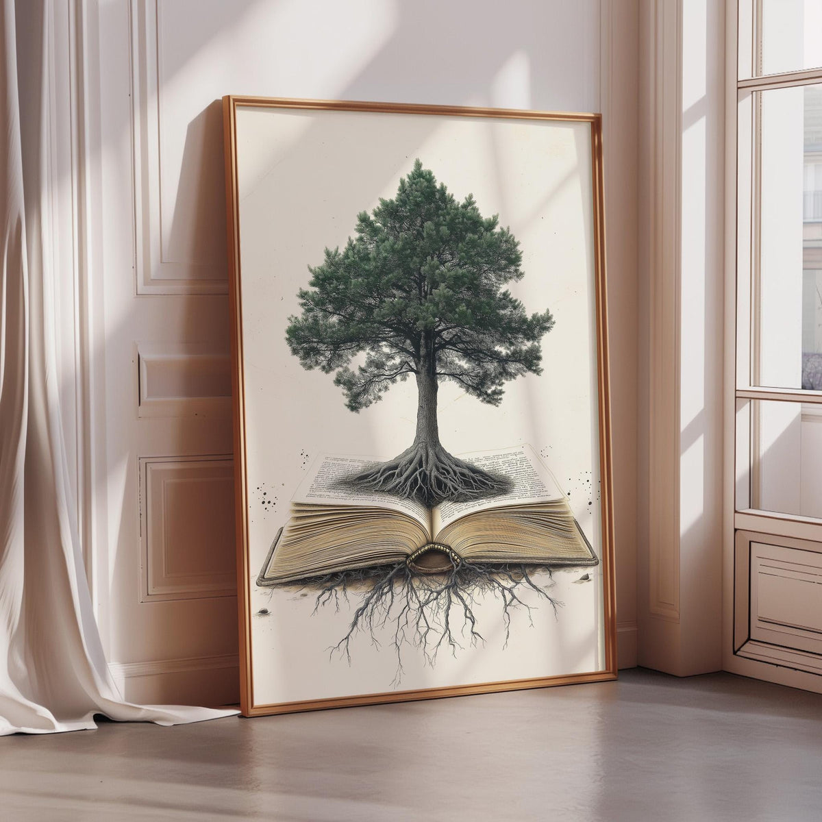a large framed picture of a tree with roots emerging from an open book, creating a unique and artistic composition.