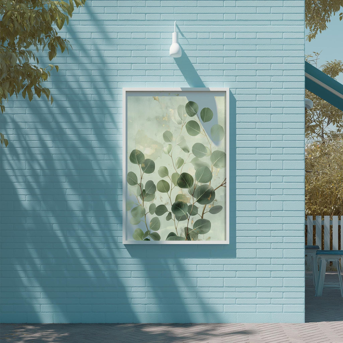 a blue brick wall with a framed picture of green leaves hanging on it. The picture is framed in white and is displayed on the wall, creating a visually appealing contrast between the blue wall and the green leaves.