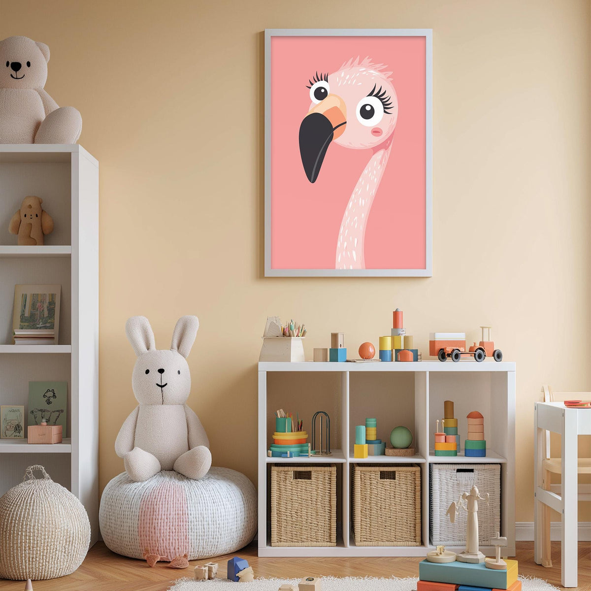 A child's bedroom with a pink flamingo poster on the wall, a stuffed rabbit, a toy train, and a toy car. The room also has a bookshelf, storage bins, and a play area with various toys.
