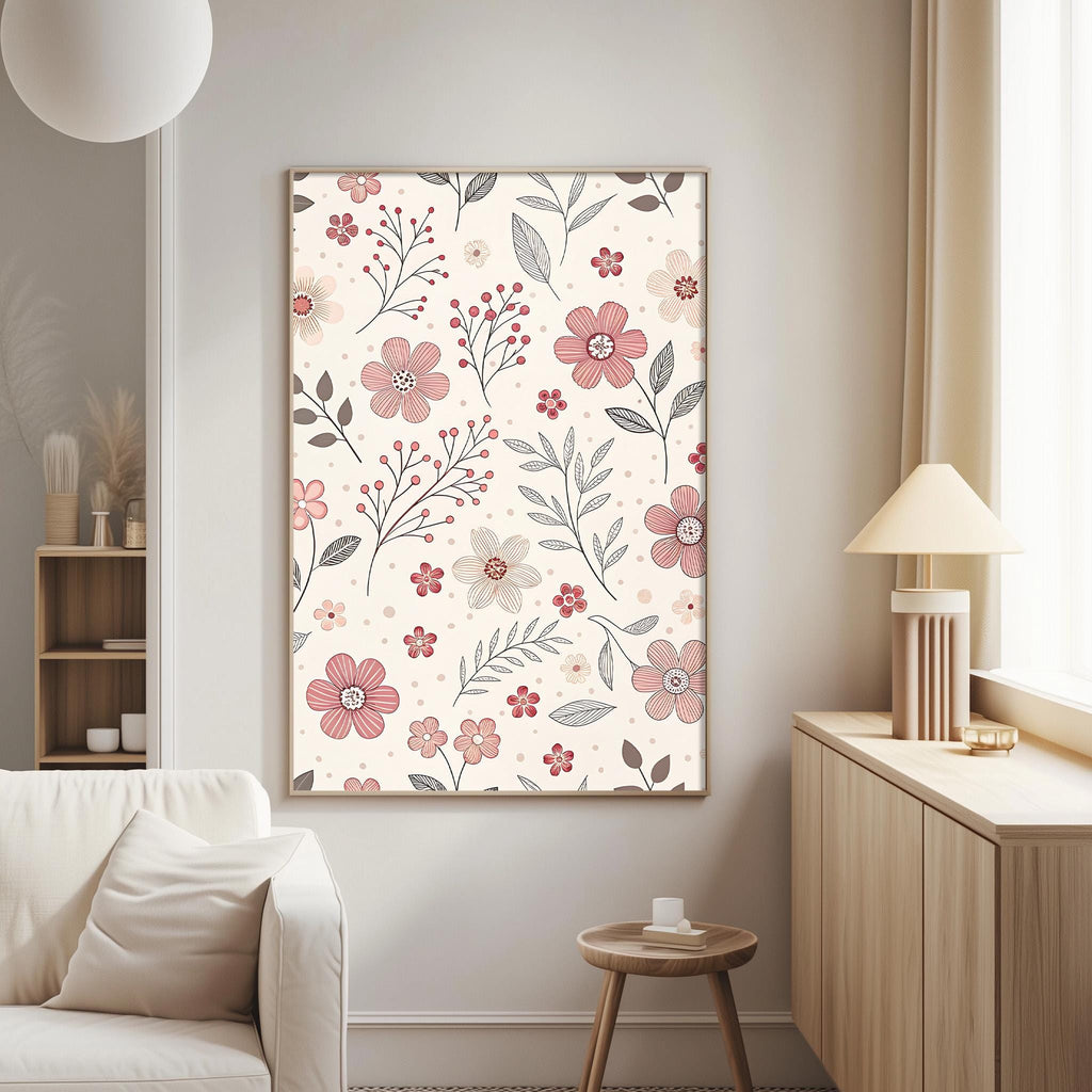 a living room with a large floral print hanging on the wall, a white sofa, a wooden side table, and a lamp on a wooden cabinet.
