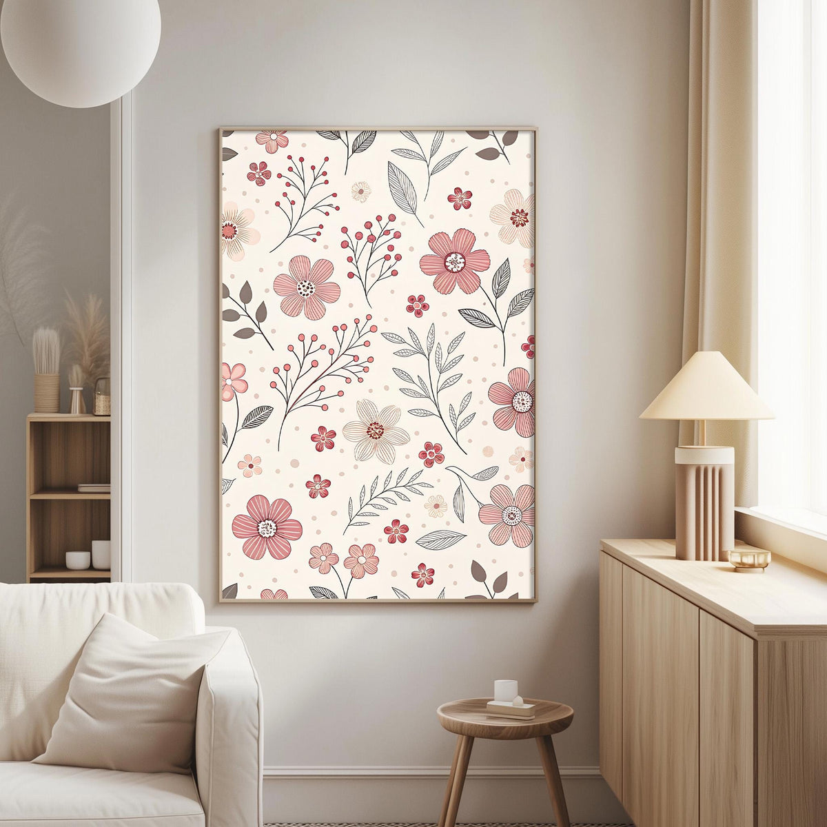 a living room with a large floral print hanging on the wall, a white sofa, a wooden side table, and a lamp on a wooden cabinet.