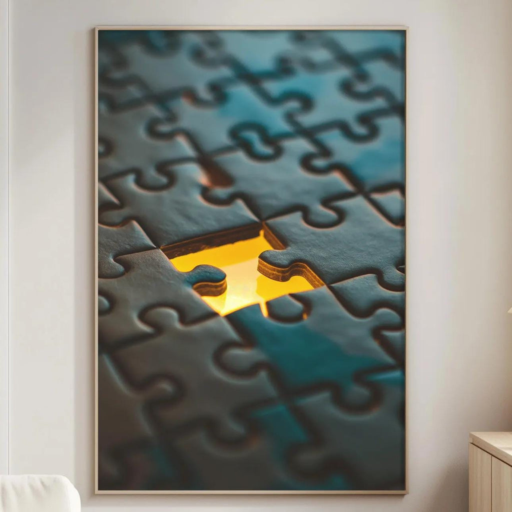a large framed artwork depicting a close-up of a jigsaw puzzle with a yellow piece missing, hanging on a wall in a living room setting.