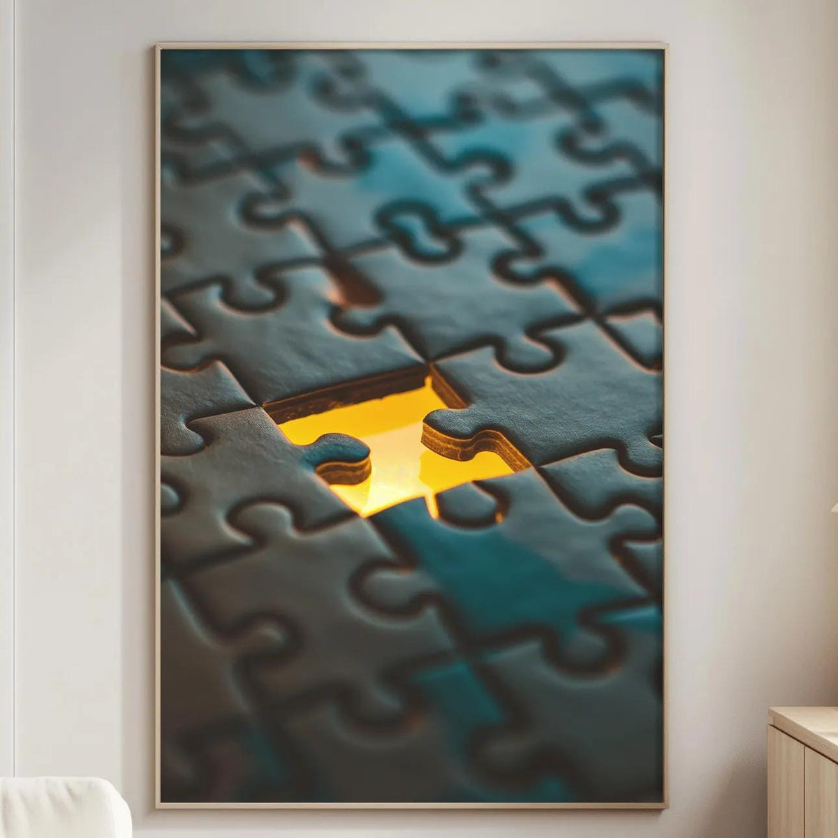 a large framed artwork depicting a close-up of a jigsaw puzzle with a yellow piece missing, hanging on a wall in a living room setting.