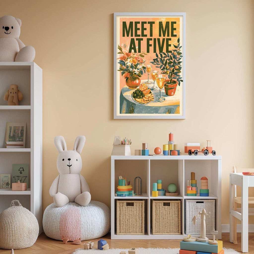a child's bedroom with a white bookshelf, a stuffed rabbit, a toy train, and a framed poster on the wall.