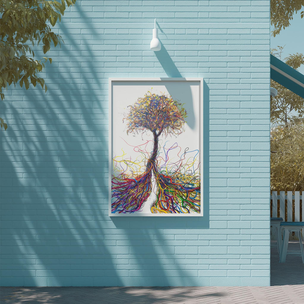 a vibrant, abstract painting of a tree with colorful, swirling lines extending from its trunk, creating a sense of movement and energy. The painting is displayed on a blue wall, with a white light fixture hanging above it.