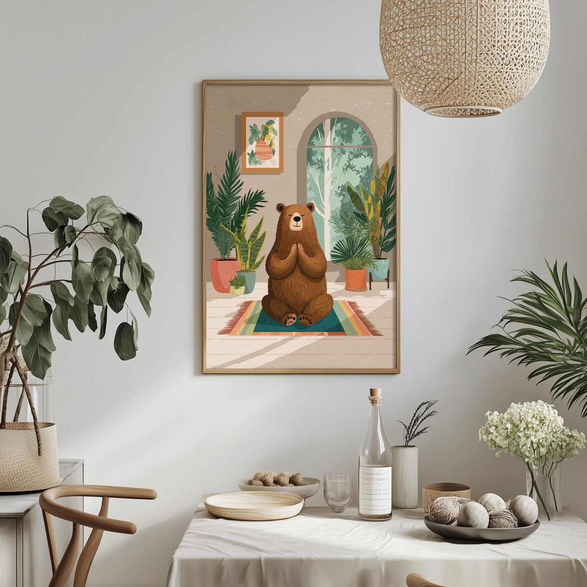 a cozy indoor setting with a framed illustration of a brown bear sitting on a colorful rug in a room with a window and potted plants.