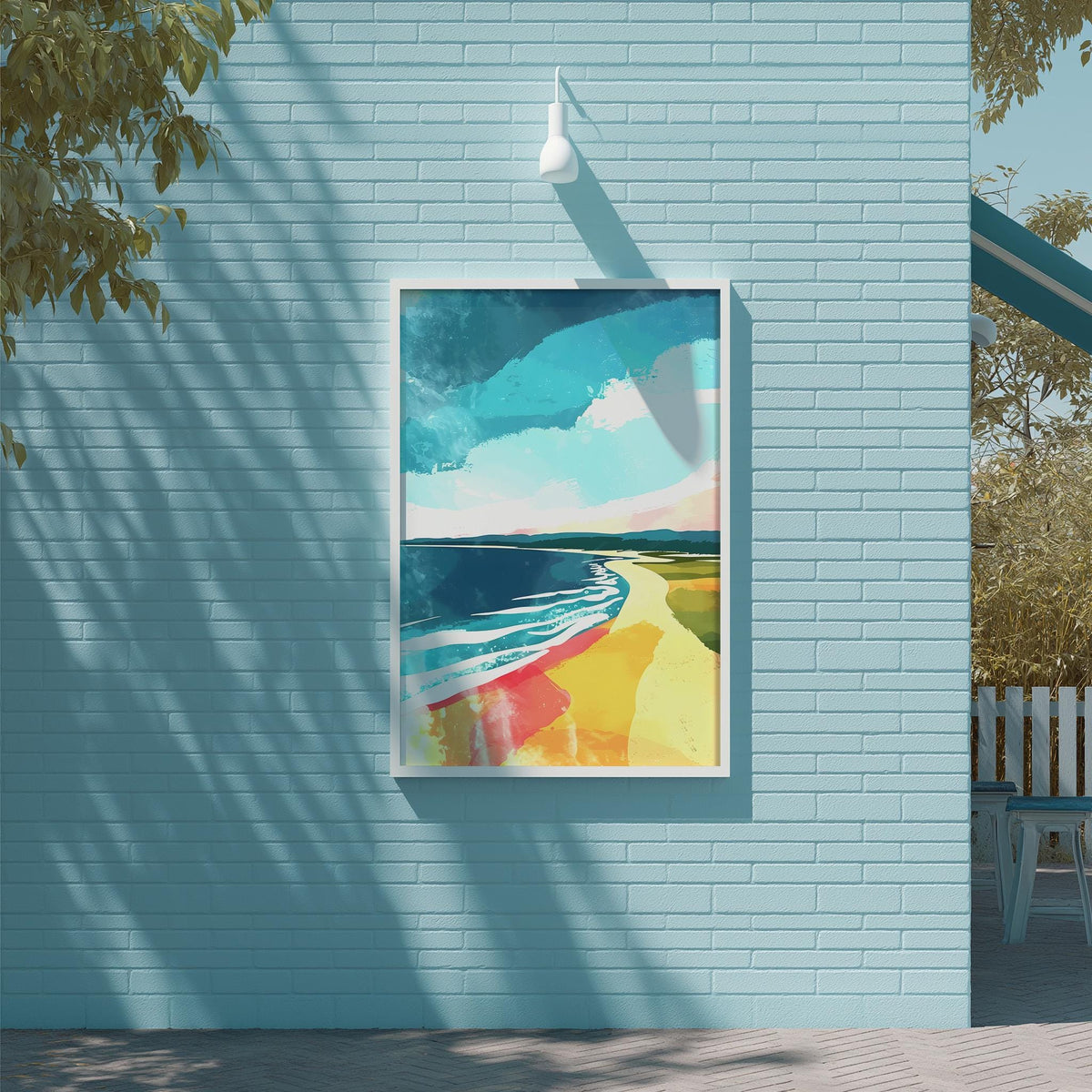 a vibrant painting of a beach scene, hanging on a blue brick wall.