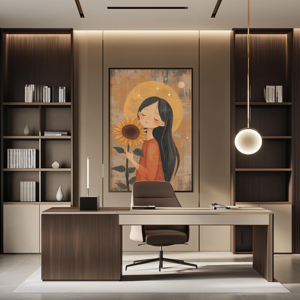 a modern and stylish office space with a large framed illustration of a woman holding a sunflower as the focal point. The office features a desk, chair, and shelving units, creating a professional and comfortable work environment.