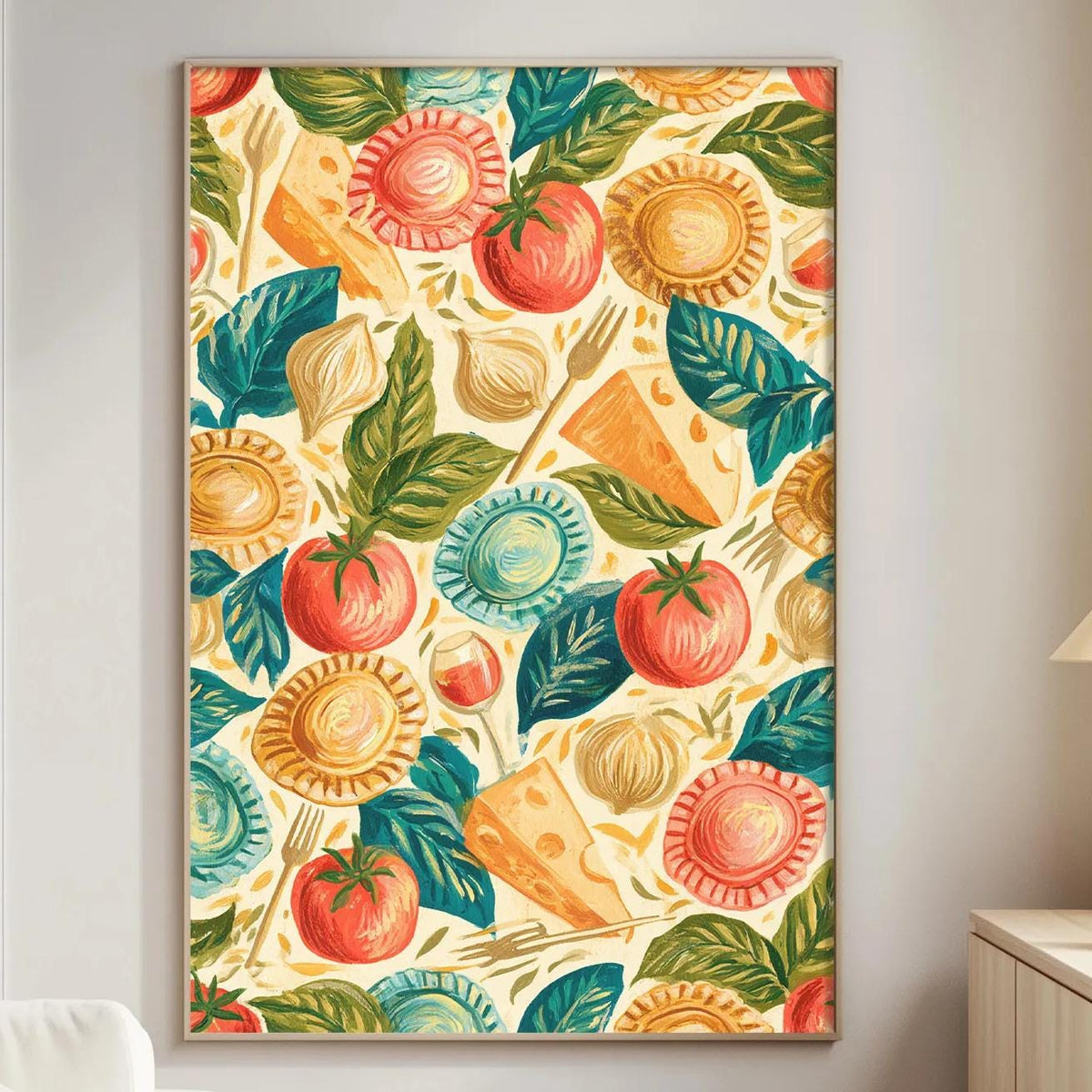 a vibrant and colorful painting of various food items, including tomatoes, leaves, and cheese, hanging on a wall in a cozy living room setting.