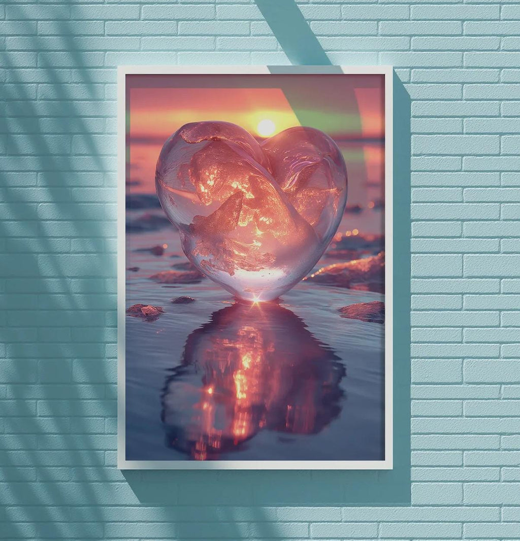 a large, heart-shaped glass sculpture mounted on a blue brick wall, with a warm sunset reflected in the glass.