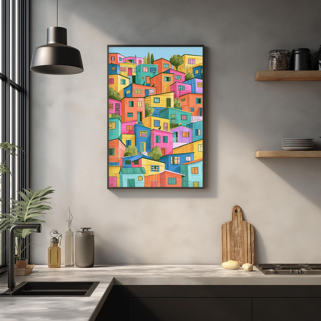 a vibrant, colorful painting of a cityscape hanging on a wall above a kitchen counter. The painting depicts a lively and dynamic urban scene with buildings in various shades of pink, blue, green, and yellow. The kitchen counter below the painting is adorned with a cutting board, a knife, and a few bottles, creating a cozy and inviting atmosphere.
