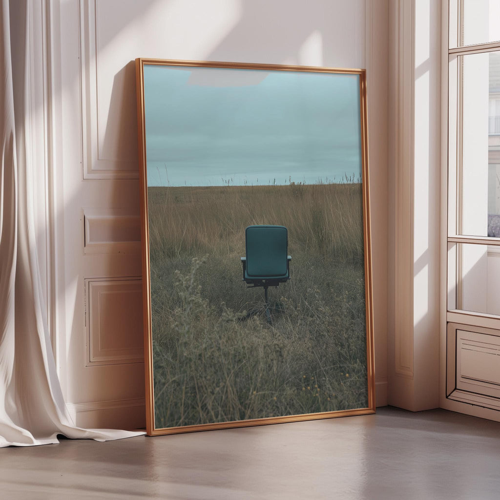 a large framed picture of a chair in a field, with the chair appearing to be in a state of disrepair or abandonment.