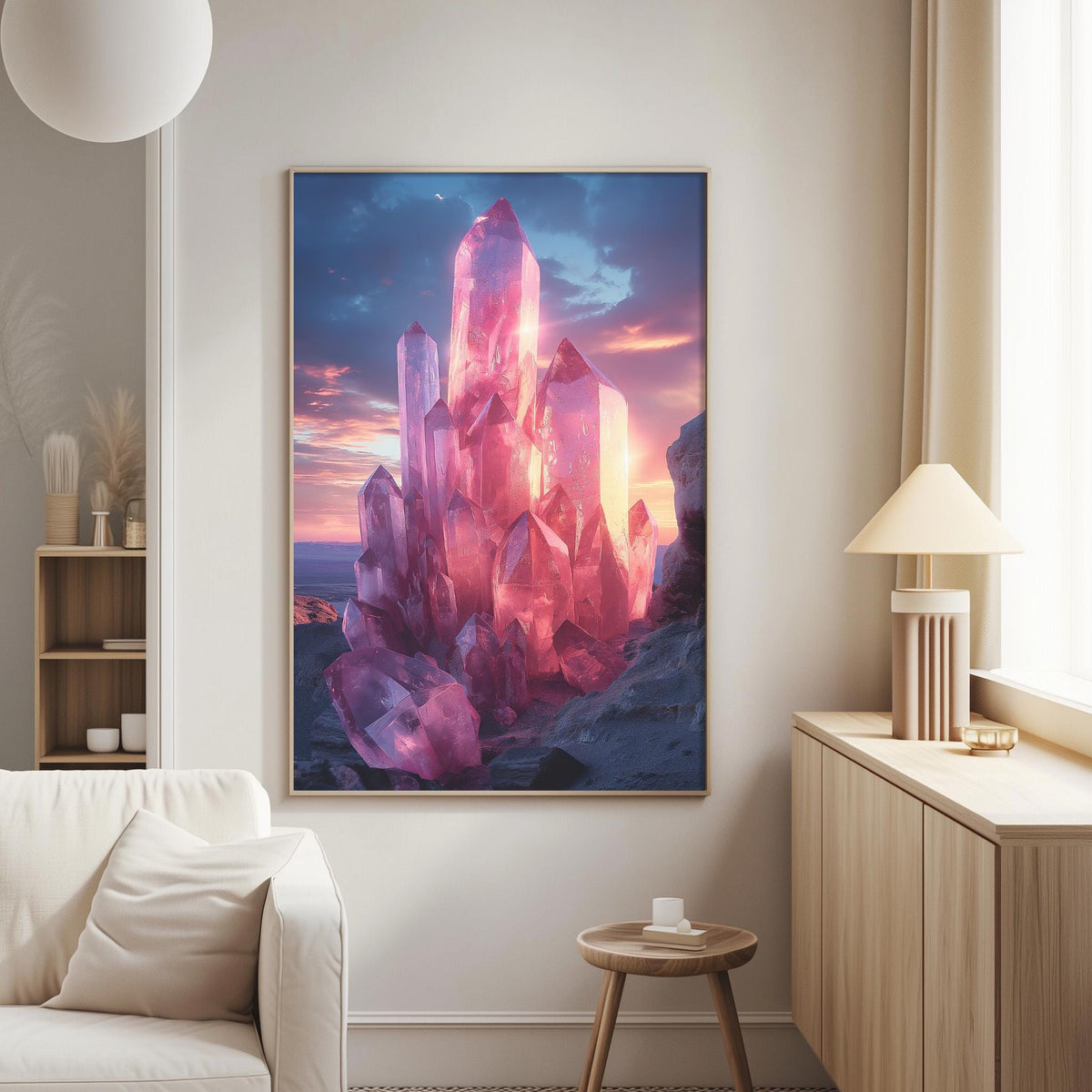 a large, vibrant painting of a crystal formation set against a colorful sky. The painting is hung on a wall in a living room, with a white couch and a wooden side table visible in the background.