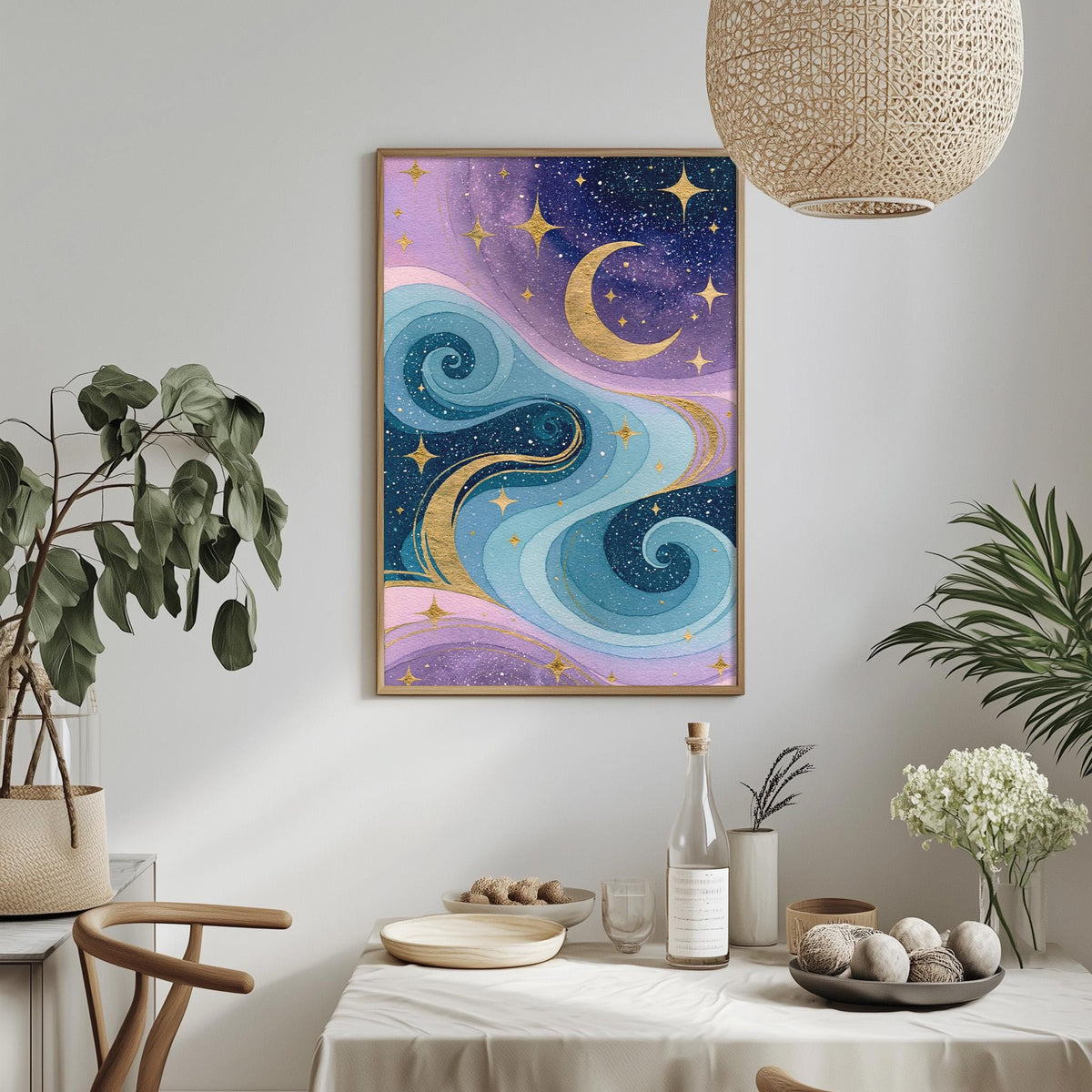 a vibrant and whimsical painting of a starry night sky with swirling clouds and crescent moons, hanging on a wall above a dining table. The table is set with various items, including a bottle, a bowl, and a vase, creating a cozy and inviting atmosphere.