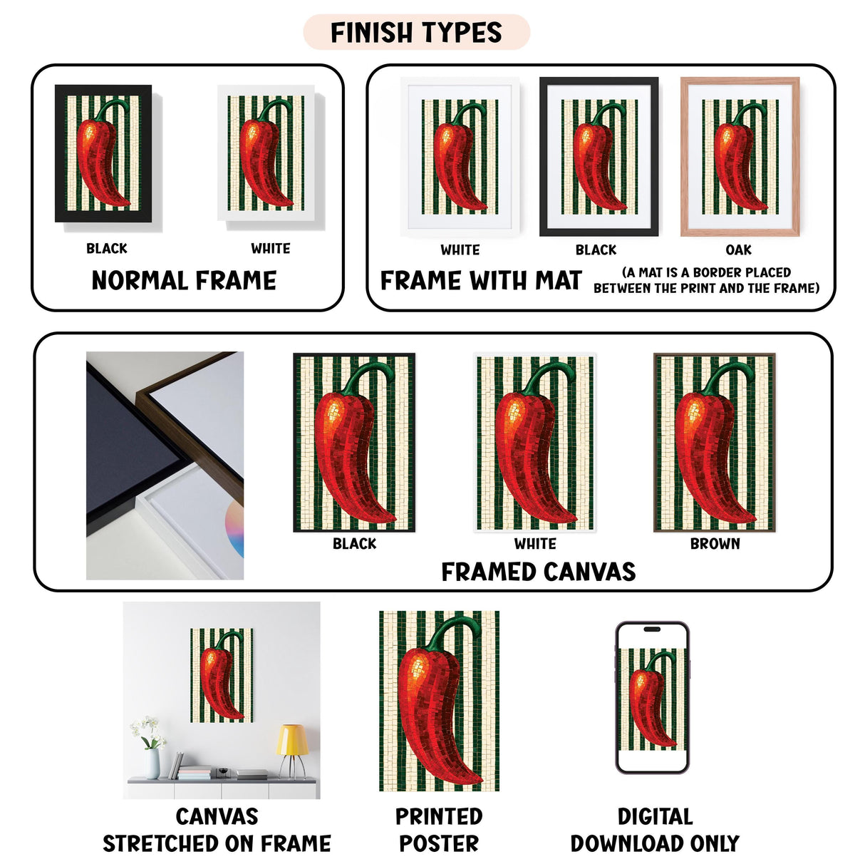 various images of a framed artwork featuring a red pepper, including different frame colors and styles. It also includes images of printed posters and digital download options for the artwork.
