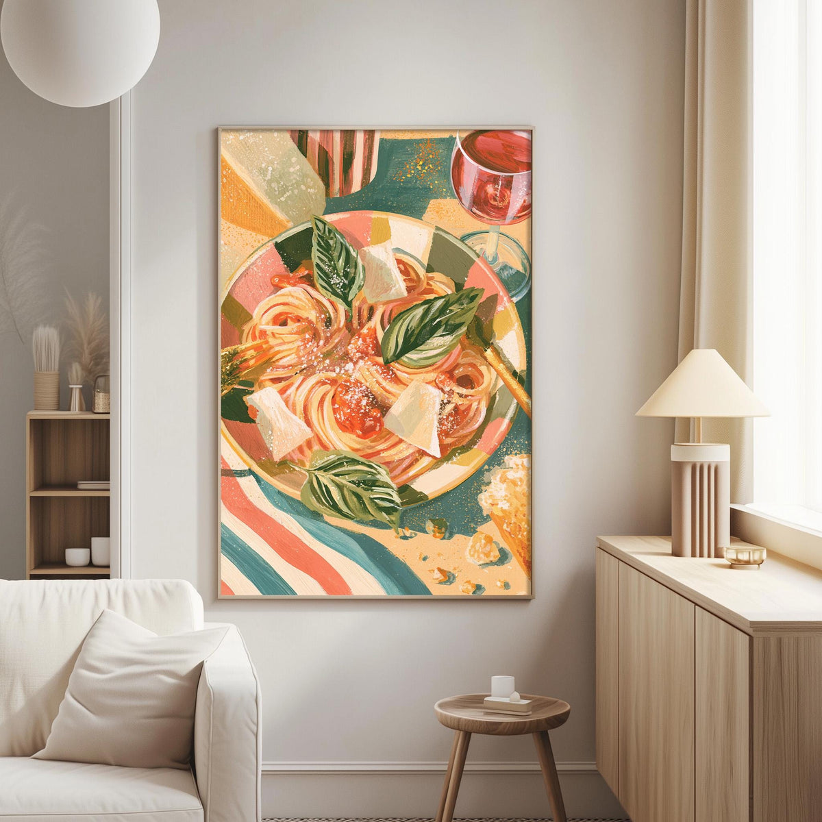 a vibrant and colorful painting of a plate of pasta, with a variety of vegetables and herbs, hanging on a wall in a cozy living room setting.