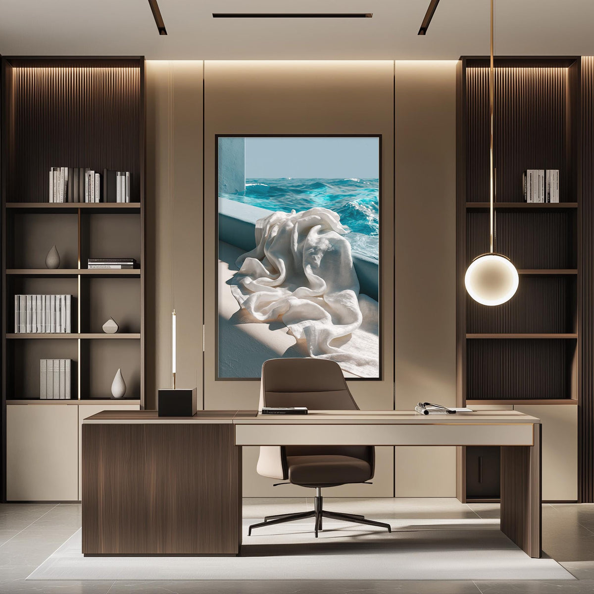 a modern and minimalist office space with a large window overlooking the ocean, a wooden desk, a comfortable chair, and a large framed artwork depicting a seascape.