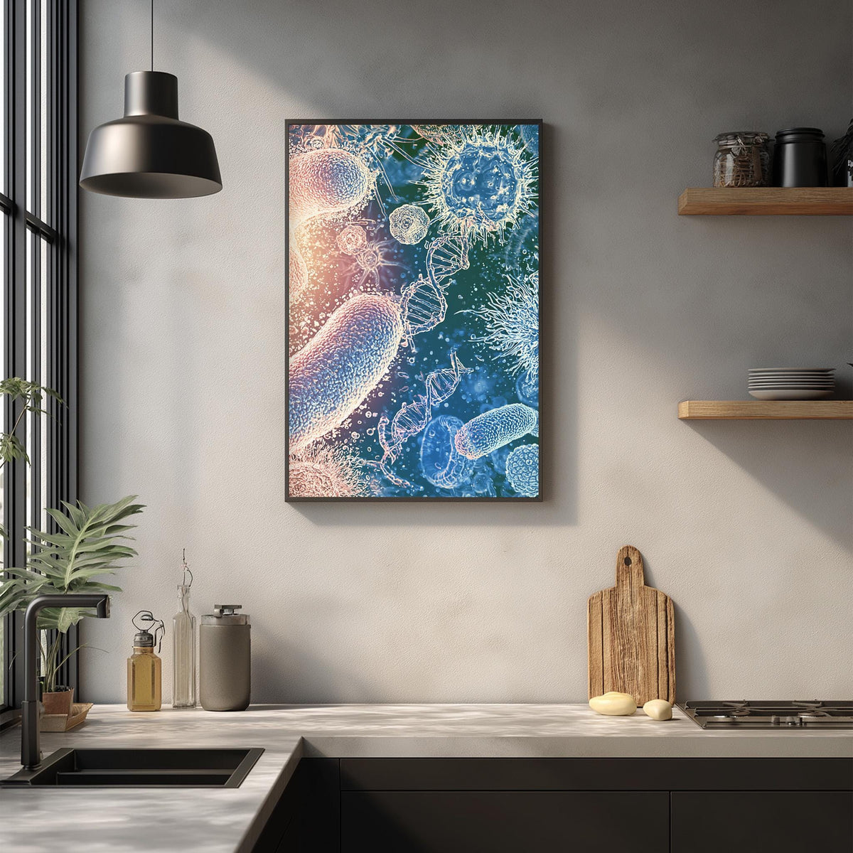 a kitchen counter with various items, including a cutting board, a plant, and a framed artwork depicting colorful bacteria and viruses.