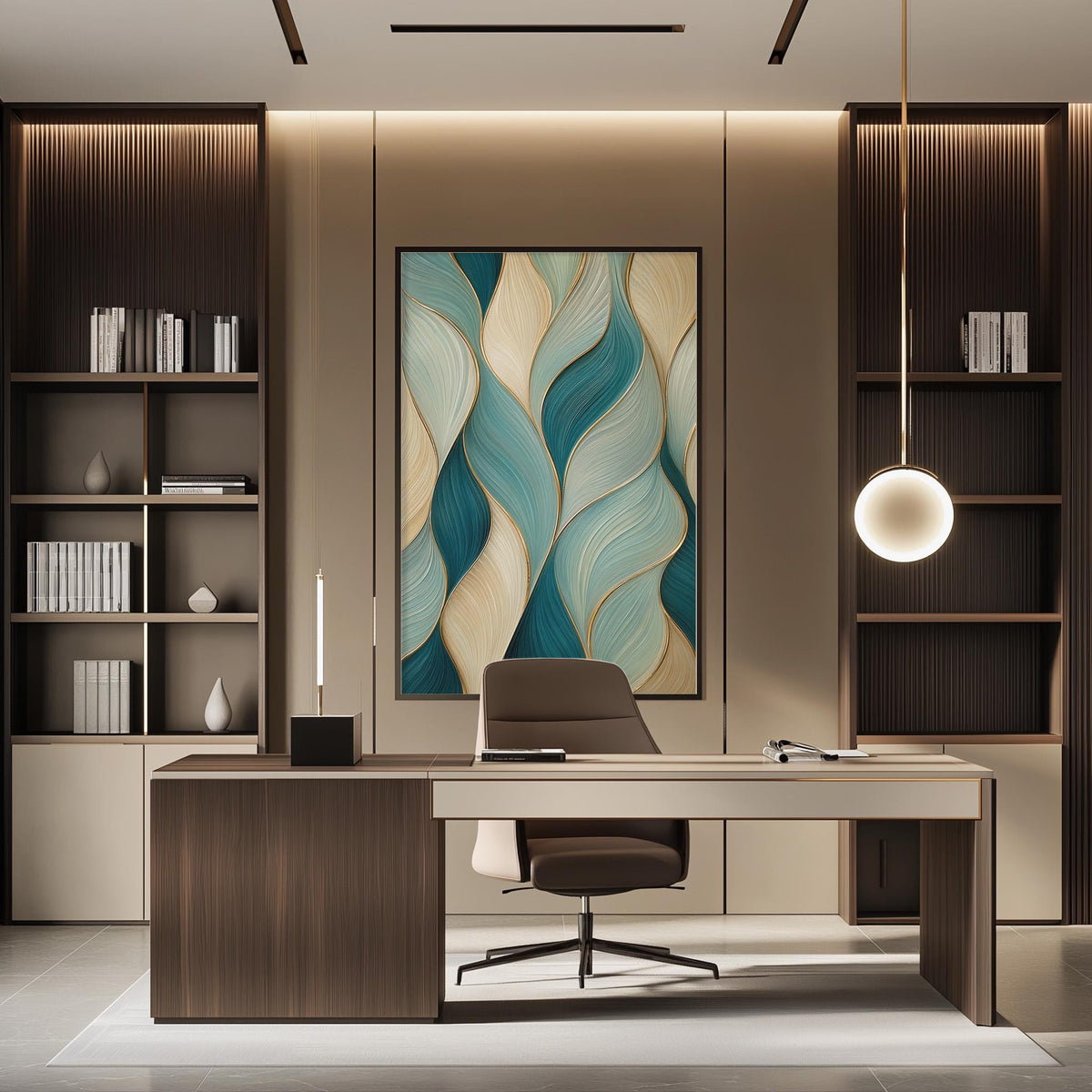 a modern and stylish office space with a large abstract painting on the wall, a wooden desk with a chair, and built-in bookshelves.