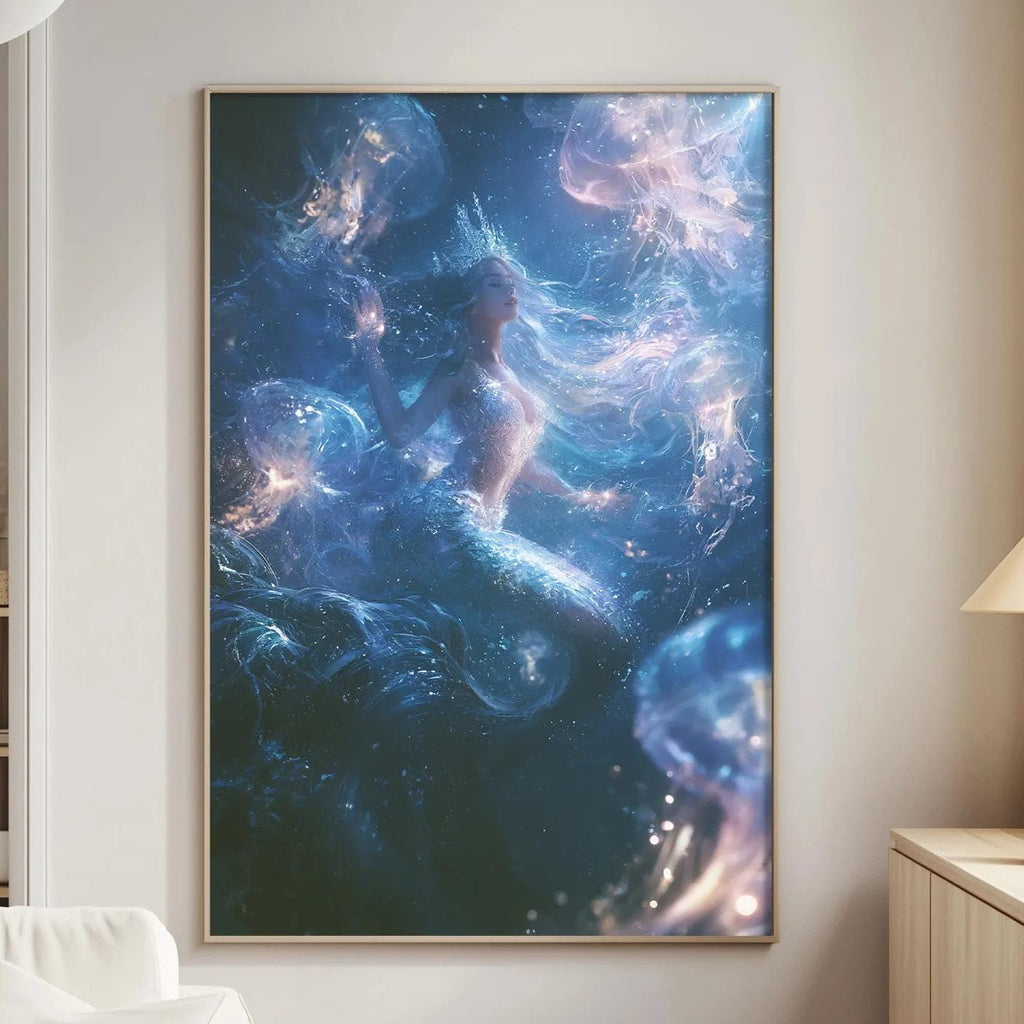 a large, vibrant painting of a mermaid in a blue and purple underwater scene, hanging on a wall in a living room.