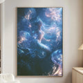 a large, vibrant painting of a mermaid in a blue and purple underwater scene, hanging on a wall in a living room.