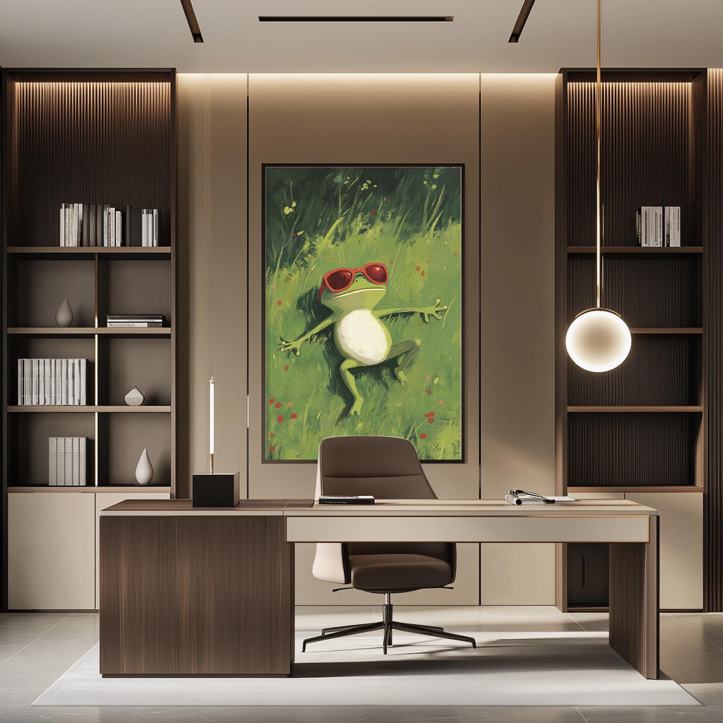 a modern office space with a large painting of a frog wearing sunglasses as the focal point. The office has a wooden desk, a comfortable chair, and a bookshelf filled with books. The overall design and decor create a stylish and contemporary atmosphere.