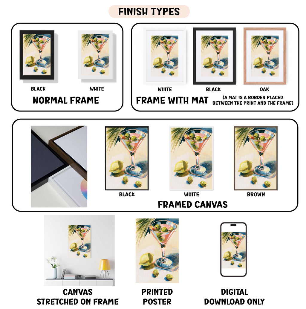 various finish types for a framed artwork, including a normal frame, a frame with a mat, a white frame, a black frame, an oak frame, a white frame, a black frame, a framed canvas, a stretched canvas, a printed poster, and a digital download only.