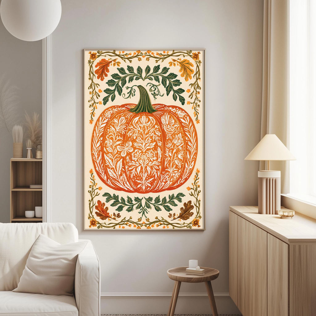 a large, ornate pumpkin with a floral design, hanging on a wall in a living room.