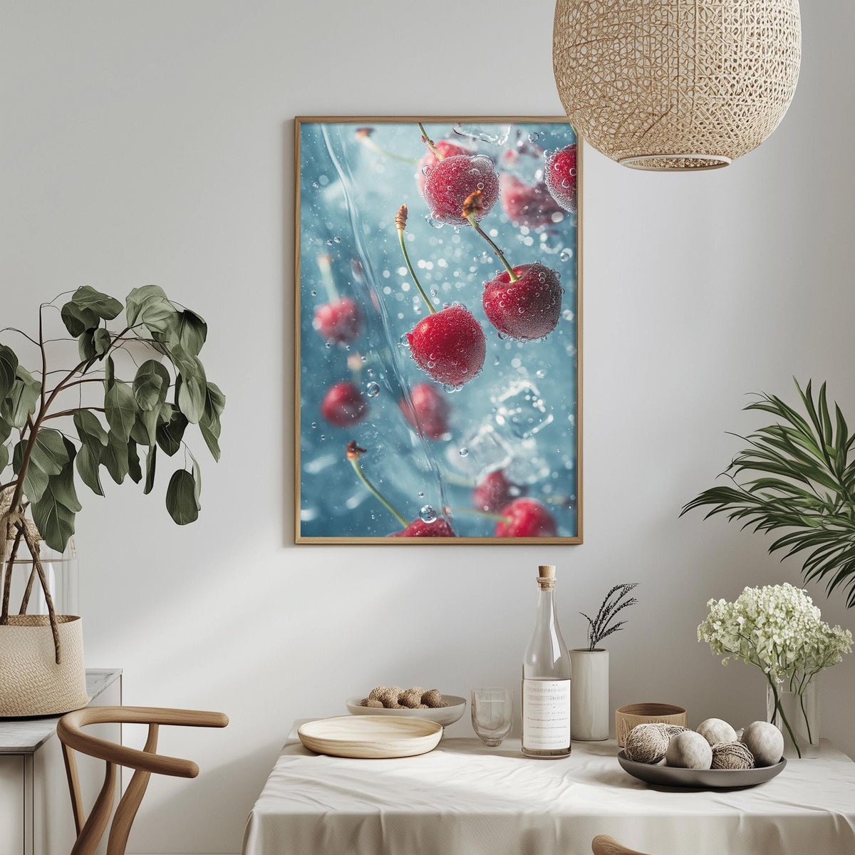 a dining table with a white tablecloth, a bowl of fruit, a bottle, and a vase with flowers. A framed picture of cherries hangs on the wall above the table.