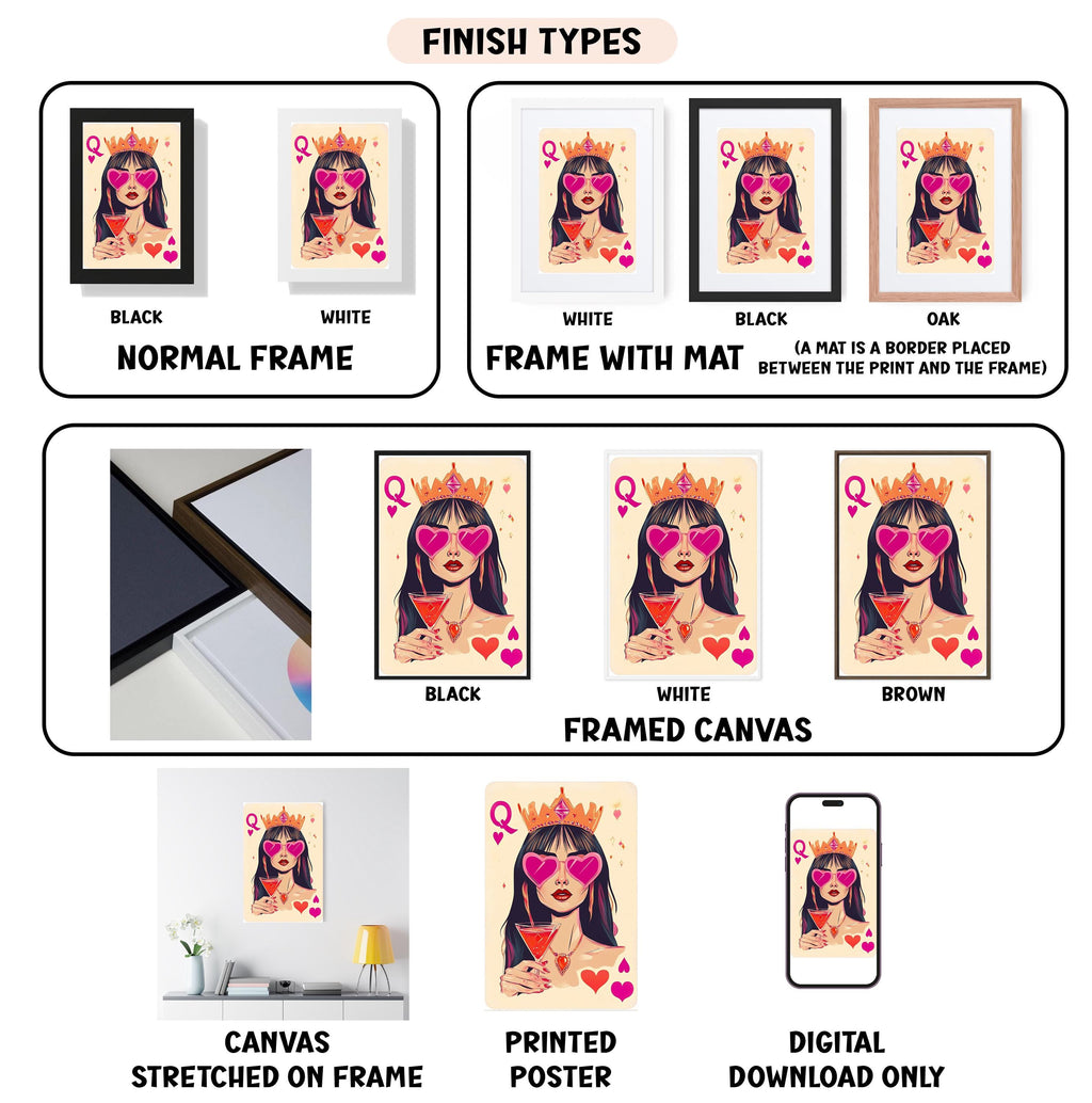 various finish types for a framed artwork, including a normal frame, a frame with a mat, a white frame, a black frame, an oak frame, a white framed canvas, a black framed canvas, a stretched canvas, a printed poster, and a digital download only.