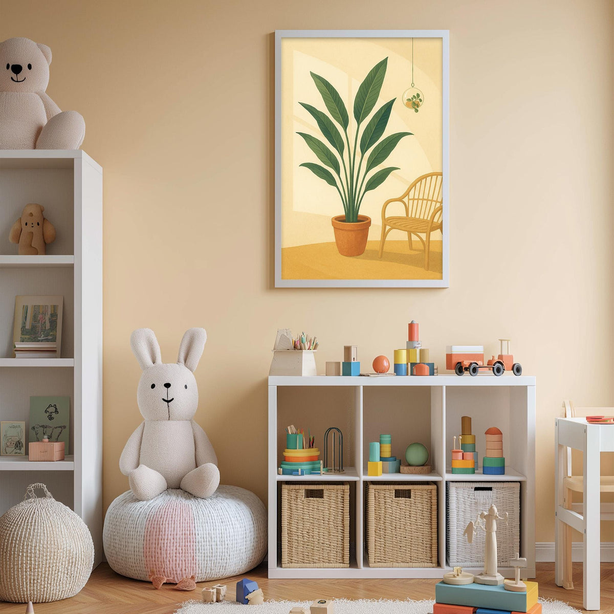 A cozy children's room with a large stuffed bunny, a potted plant, and a shelf filled with toys and storage bins.
