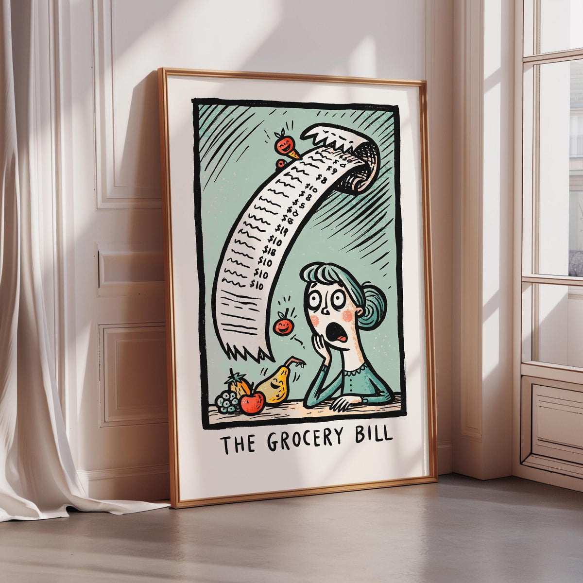 The image is a framed illustration depicting a woman with a surprised expression, surrounded by various grocery items such as apples, bananas, and oranges, with a large grocery bill floating above her head.