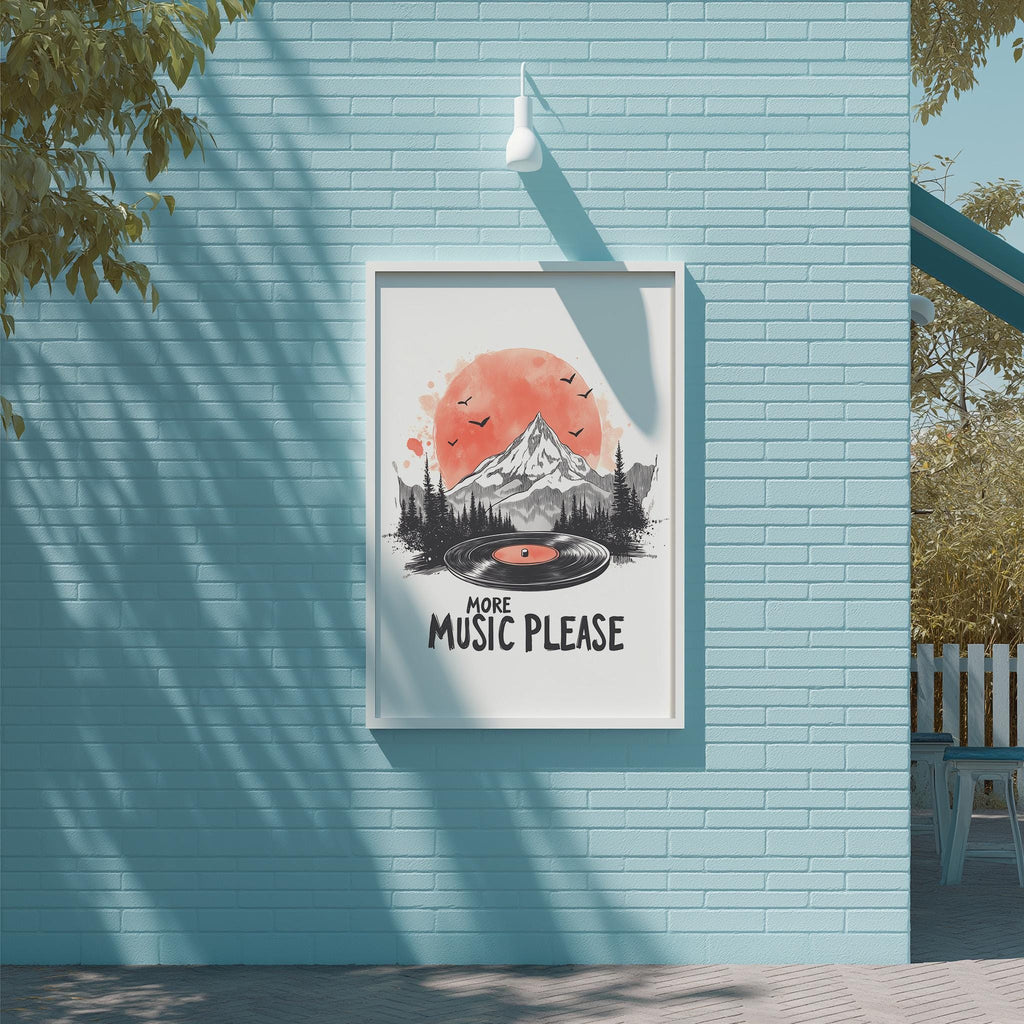 A framed poster with a mountain landscape and a record player, along with the text "MORE MUSIC PLEASE" is displayed on a blue wall.