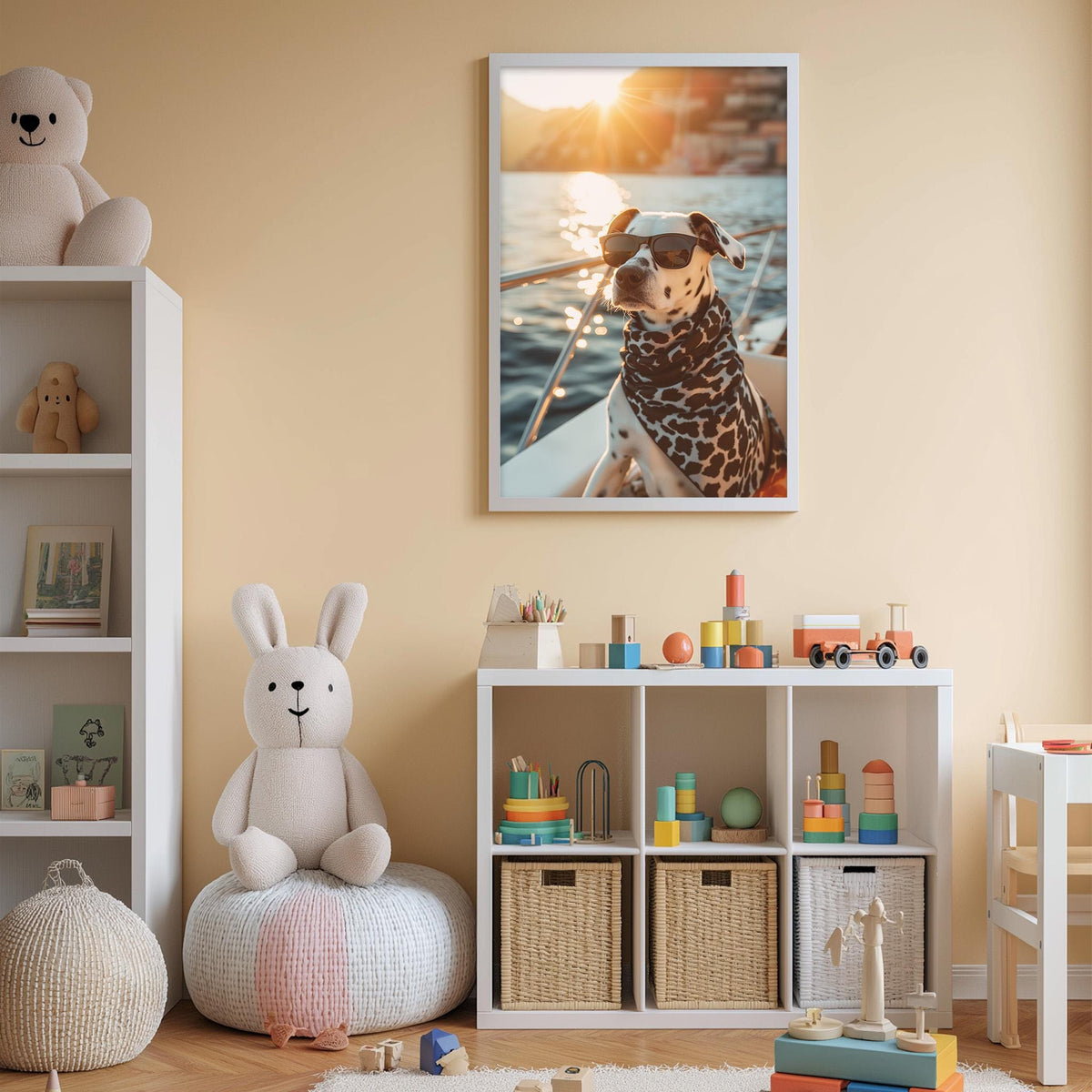 A child's bedroom with a stuffed animal rabbit, a framed picture of a dog on a boat, and a toy shelf filled with various toys.