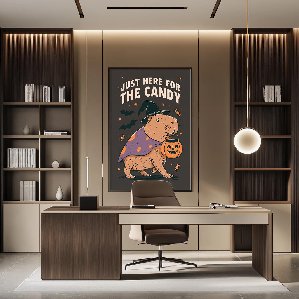 a modern office space with a desk, chair, and a large poster of a cartoon character wearing a witch's hat and holding a pumpkin. The poster has the text "Just here for the candy" written on it.