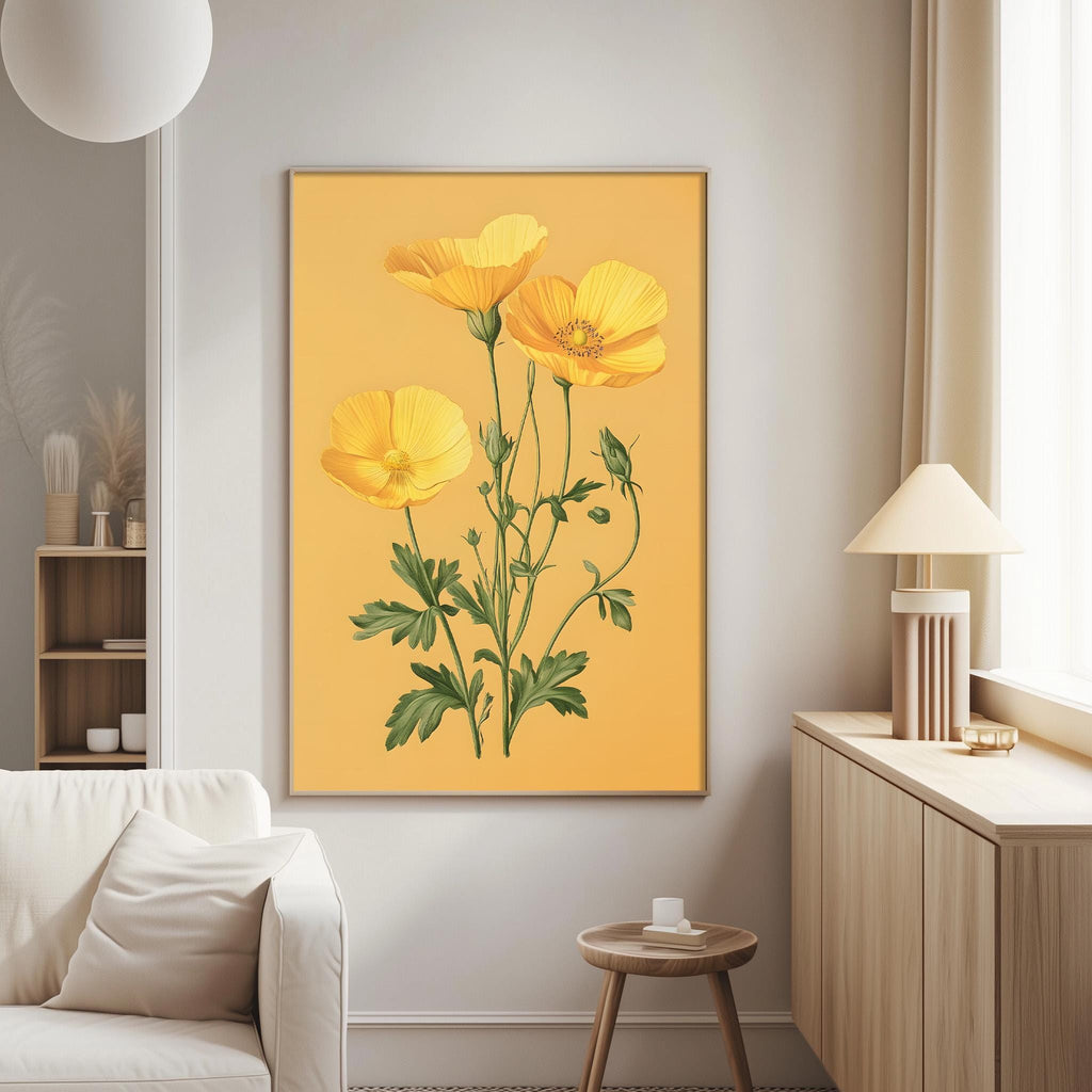 a living room with a large framed print of yellow flowers hanging on the wall. The print is positioned above a white couch, and there is a small table and lamp nearby.