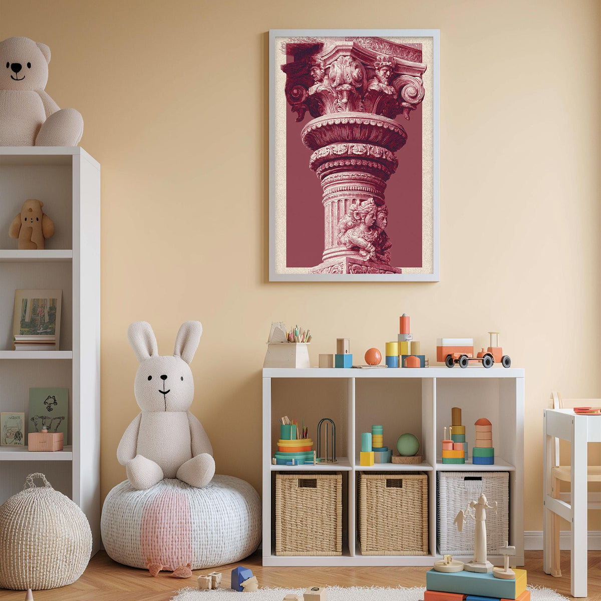 A cozy children's room with a large stuffed rabbit, a bookshelf, and a colorful toy box filled with various toys. A framed picture of a column is hanging on the wall above the toy box.