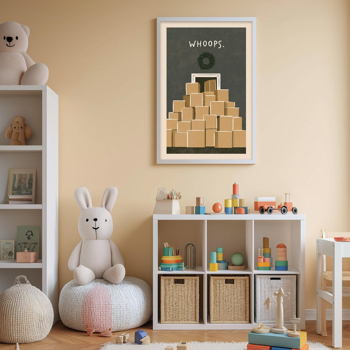 A cozy and colorful children's bedroom with a large stuffed rabbit, shelves filled with toys, and a framed poster on the wall.