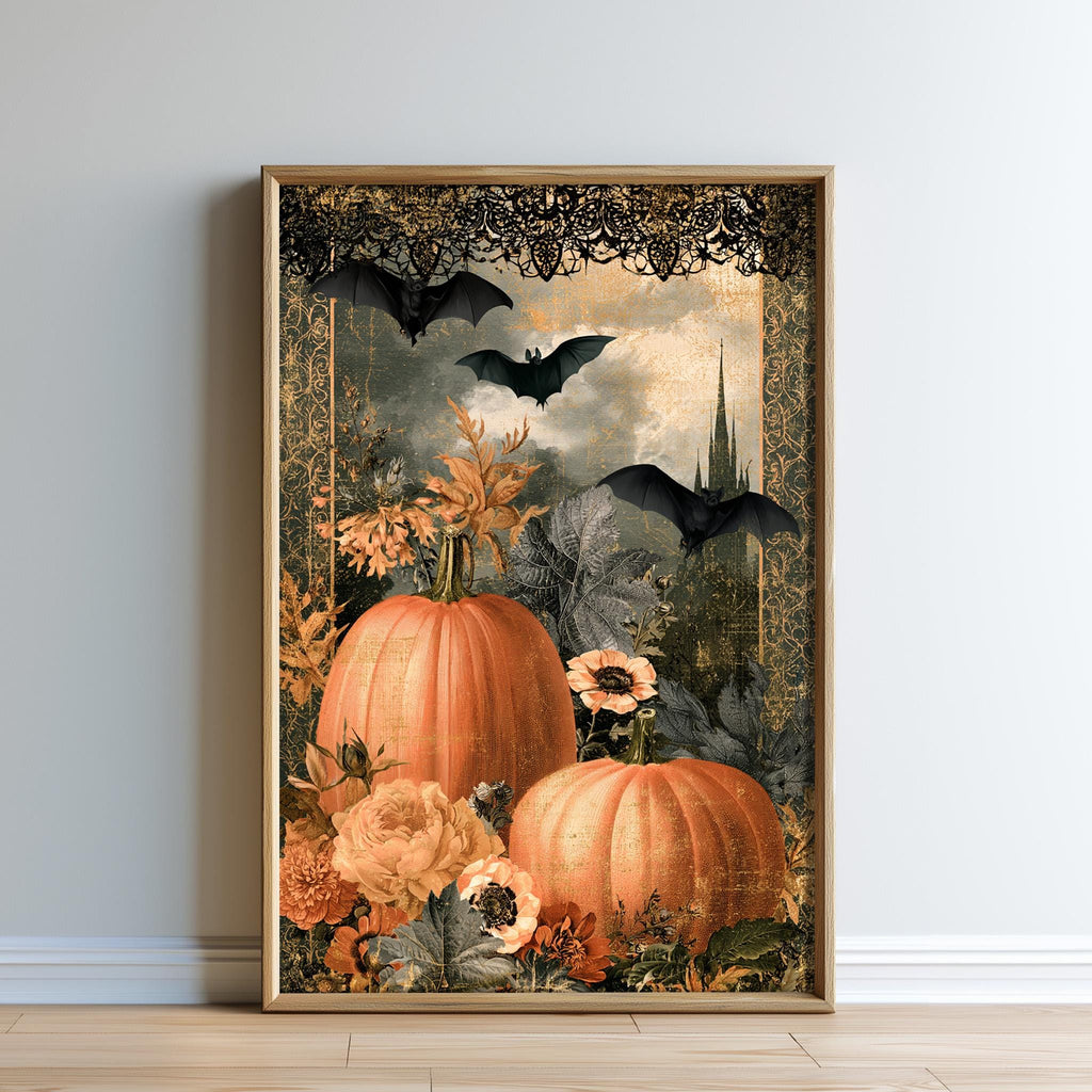 The image is a framed artwork depicting a Halloween-themed scene with pumpkins, flowers, and bats.