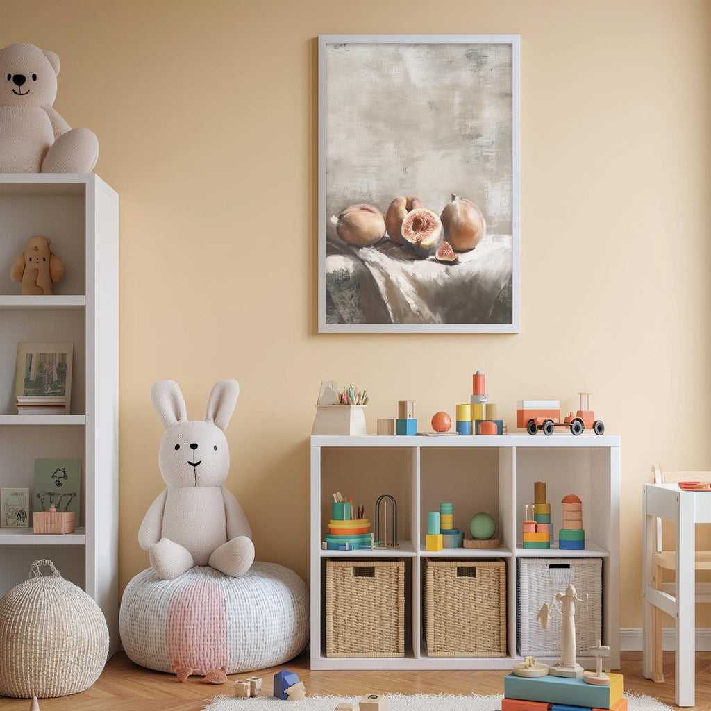 A cozy children's room with a stuffed rabbit, a bookshelf, and a toy chest filled with toys. A framed painting of peaches is hanging on the wall above the toy chest.